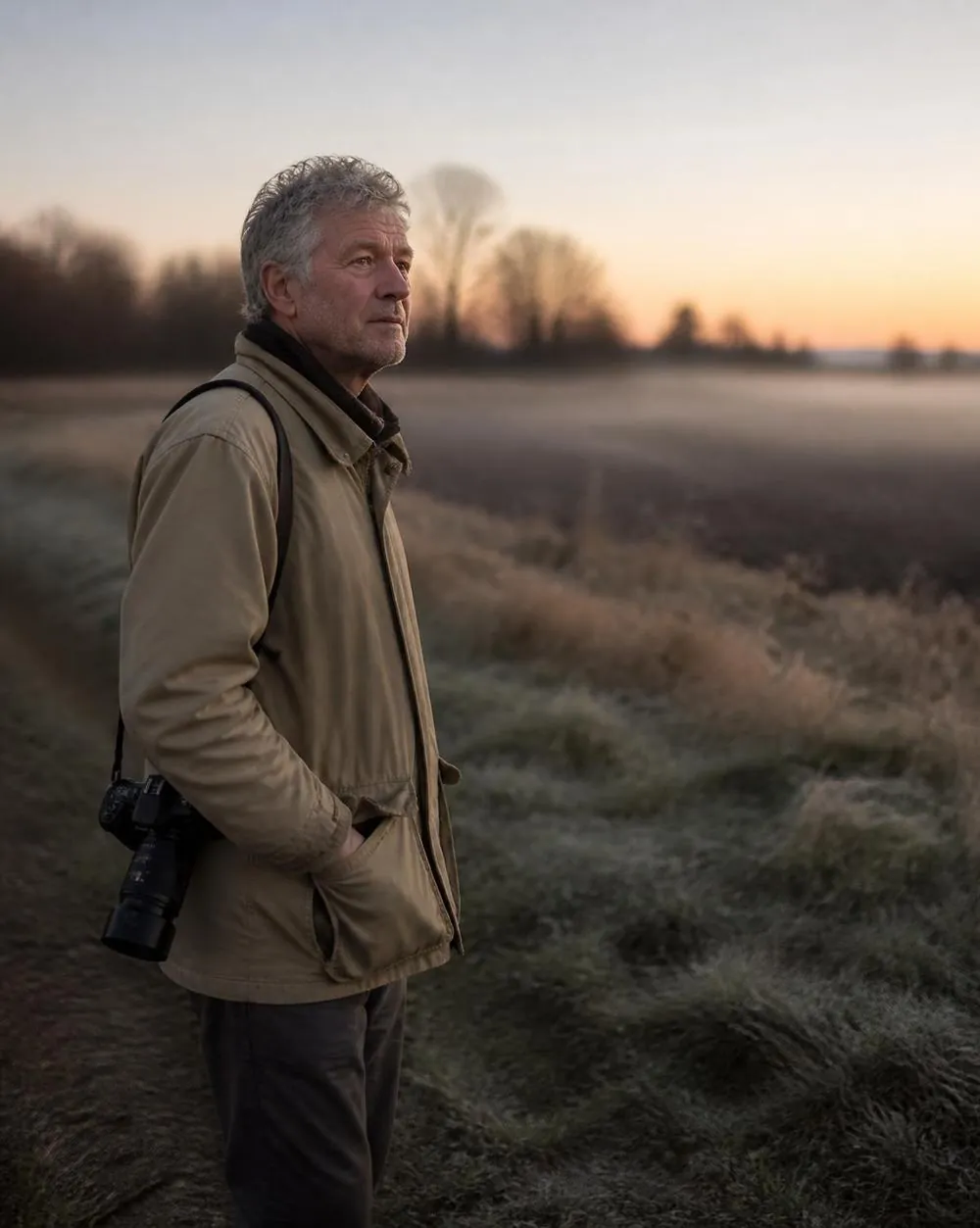 Rick Olmsted standing at the edge of a frosted field at dawn with a camera at his side