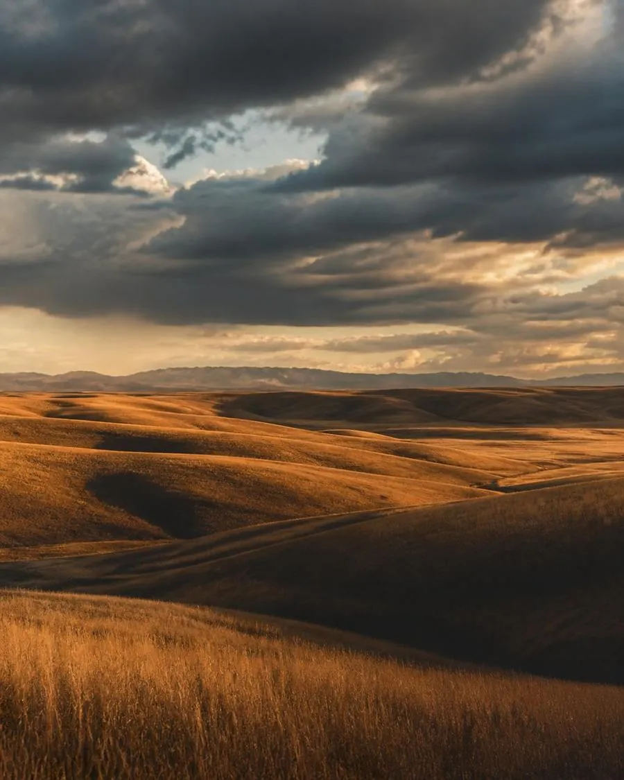 Rolling prairie hills under a dramatic dusk sky