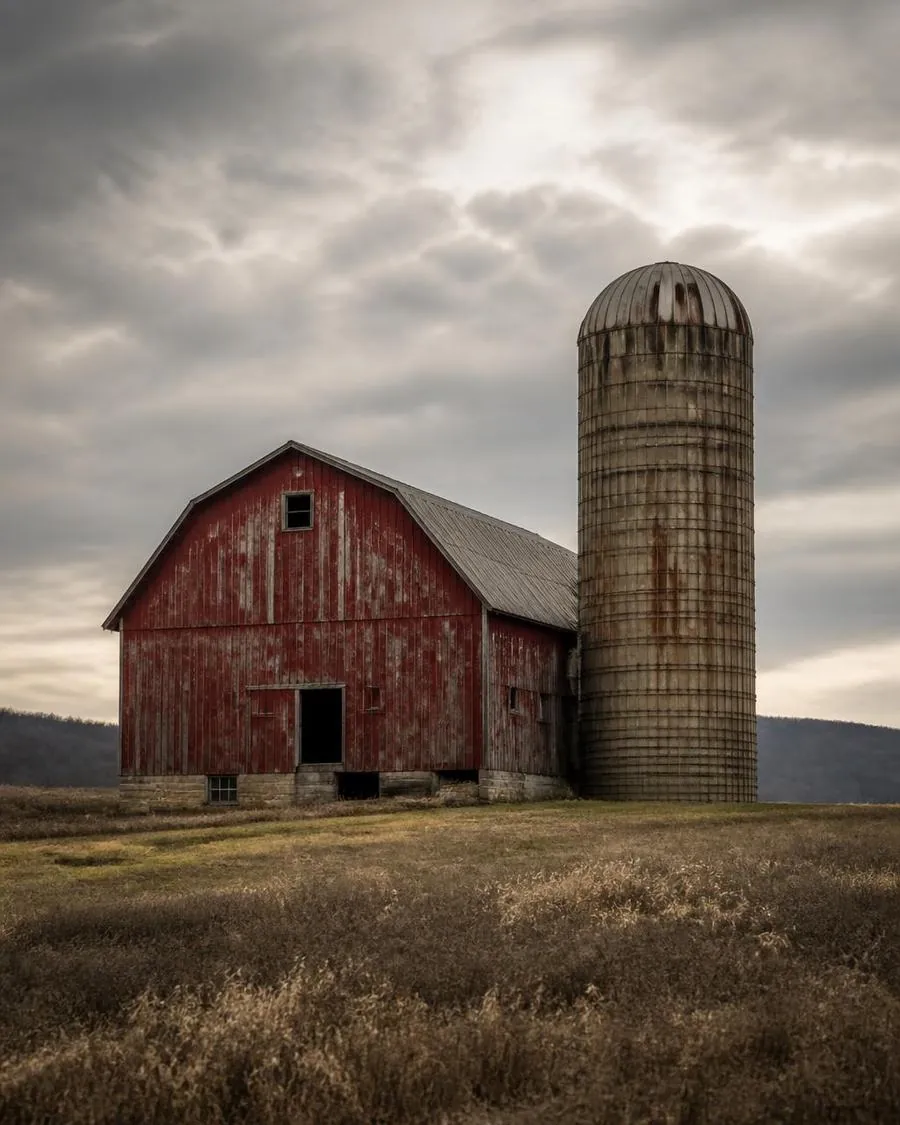 A weathered red barn and grain silo in an open rural field