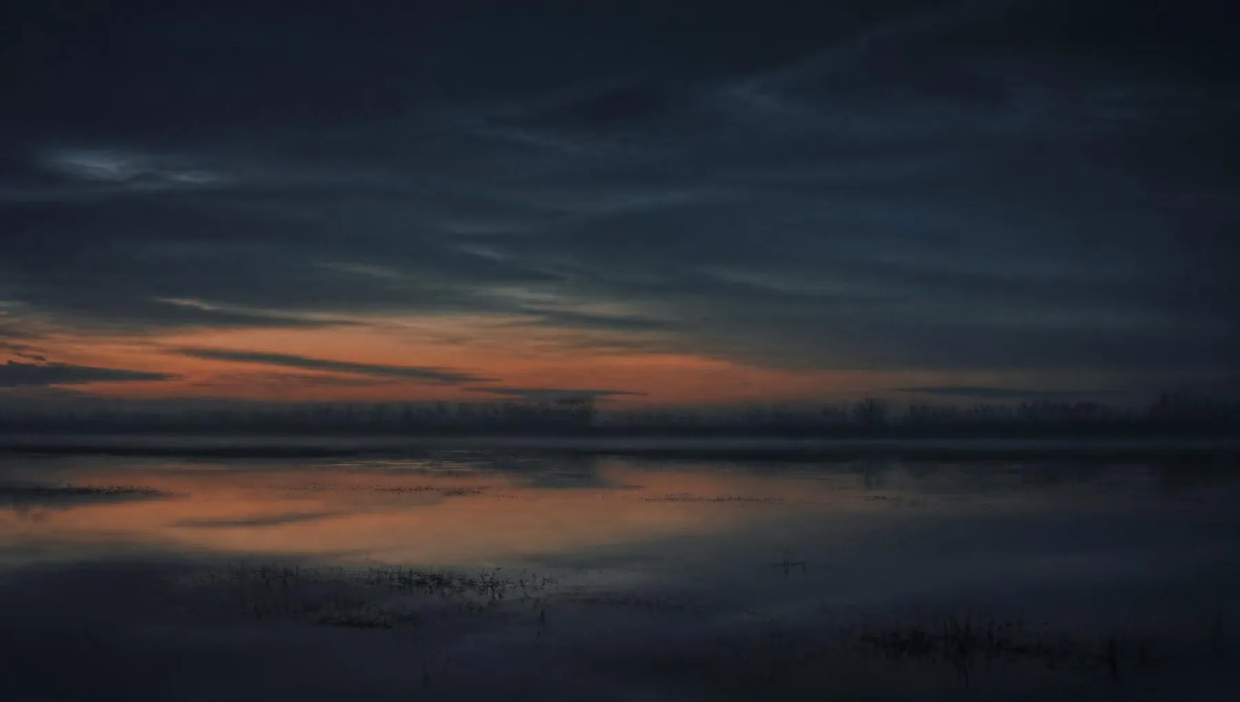 A vast still wetland at blue hour beneath an immense sky
