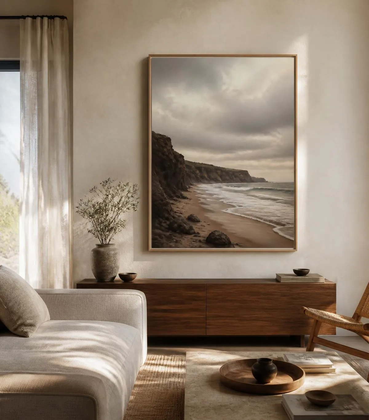 A large framed landscape photograph hanging above a walnut console in a sunlit living room
